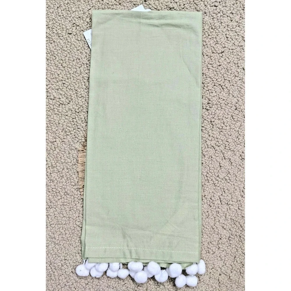 Pier 1 Imports Easter Mr. Rabbit Burlap Appliqué Pompom Trim Tea Towel Green NWT